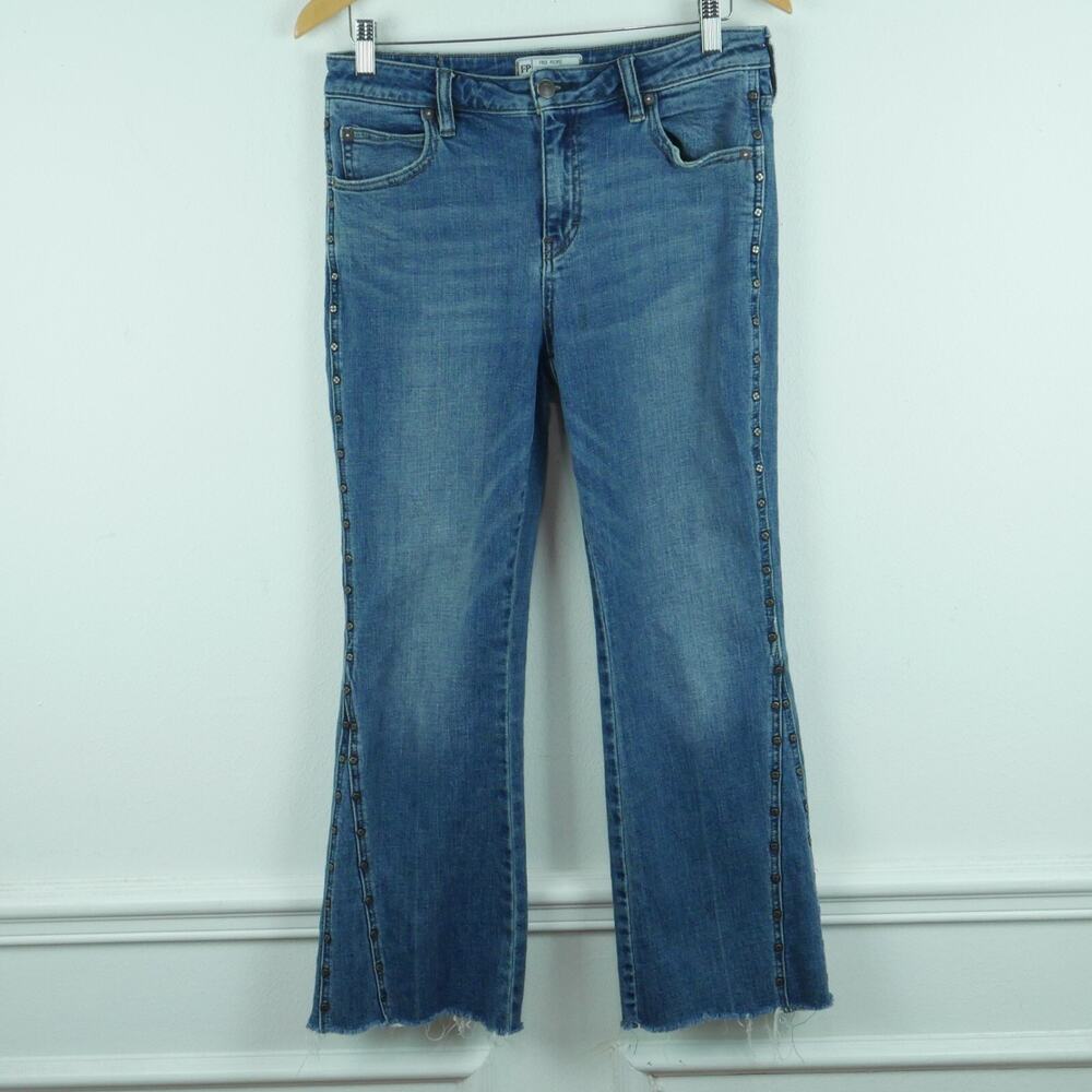 Free People 29 Jeans Blue‎ Denim Flare Crop Studded Western Boho Hippy Cowgirl